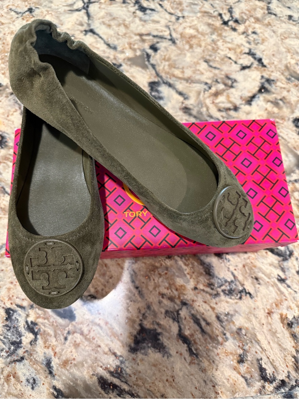 New in the box, Tory Burch Olive Suede Logo Ballet Flats